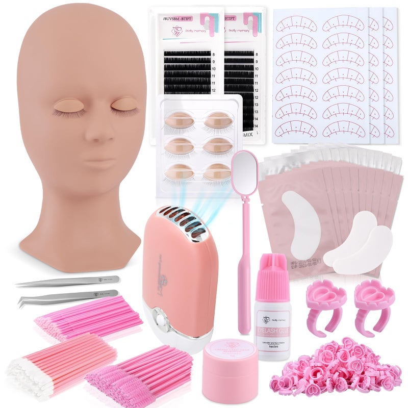 Pretty memory 152 PCS Eyelash Extension Kit with Lash Mannequin Head Lash Training Kit for Beginners with Fan Eyelash Extension Glue and Remover Cream Tweezers for Practice
